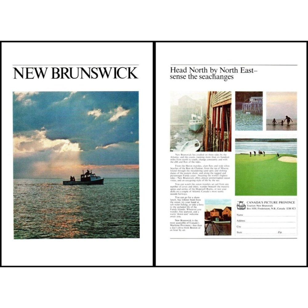 1974 New Brunswick Canada Vacation Travel Vintage Print Ad Fishing Beach Decor